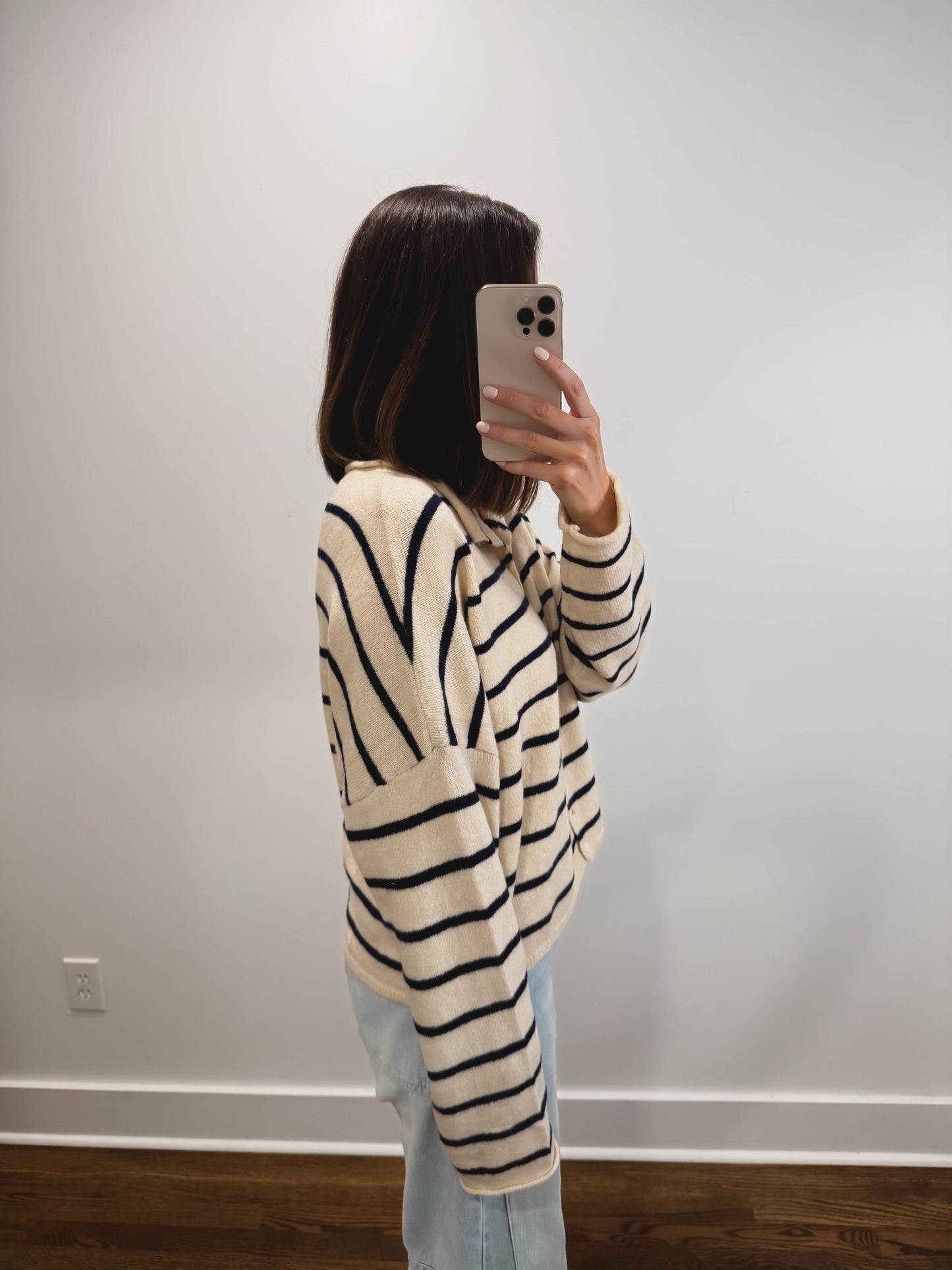 Striped Piper Cardigan in Natural/Navy