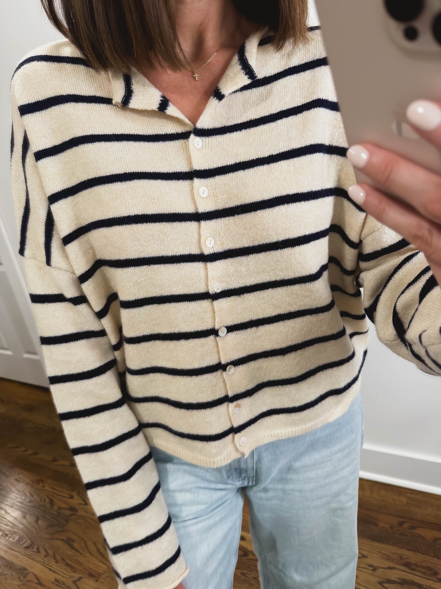 Striped Piper Cardigan in Natural/Navy