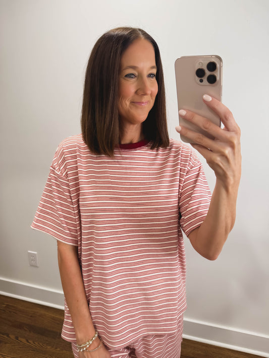The Morgan Striped Oversized Short Sleeve Top in Pink
