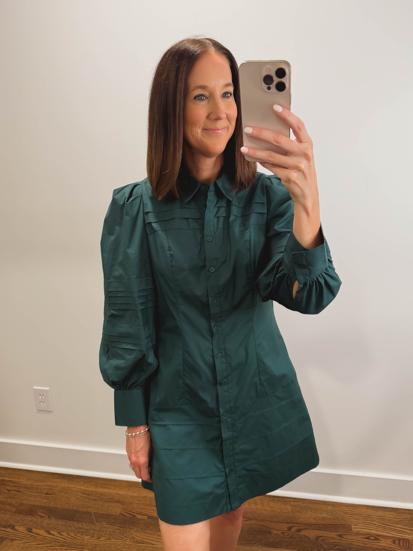 The Everly Pin Tuck Mini Dress in Hunter Green