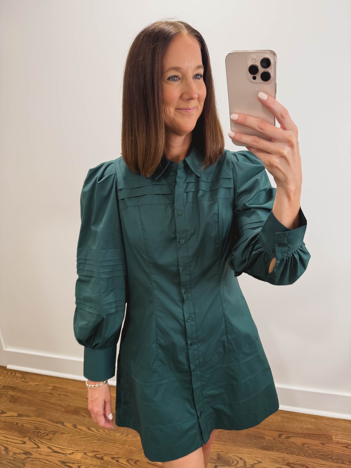 The Everly Pin Tuck Mini Dress in Hunter Green