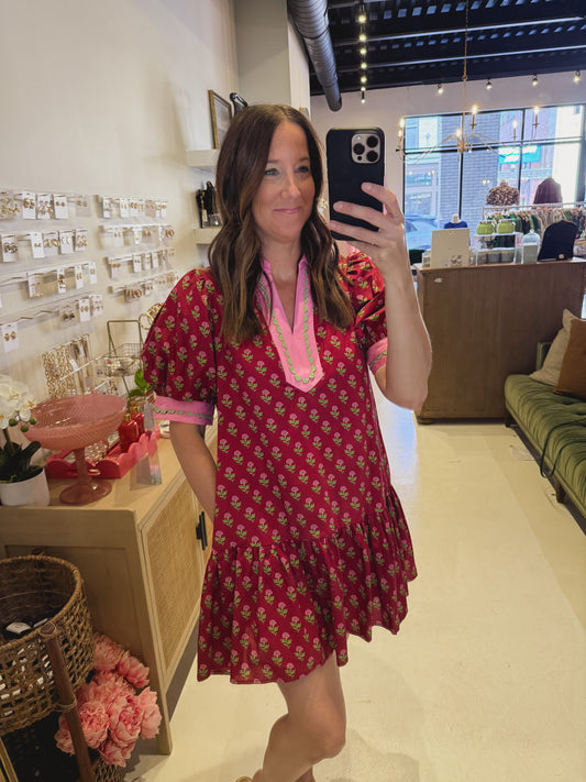 The Rosalie Mini Dress in Maroon and Pink