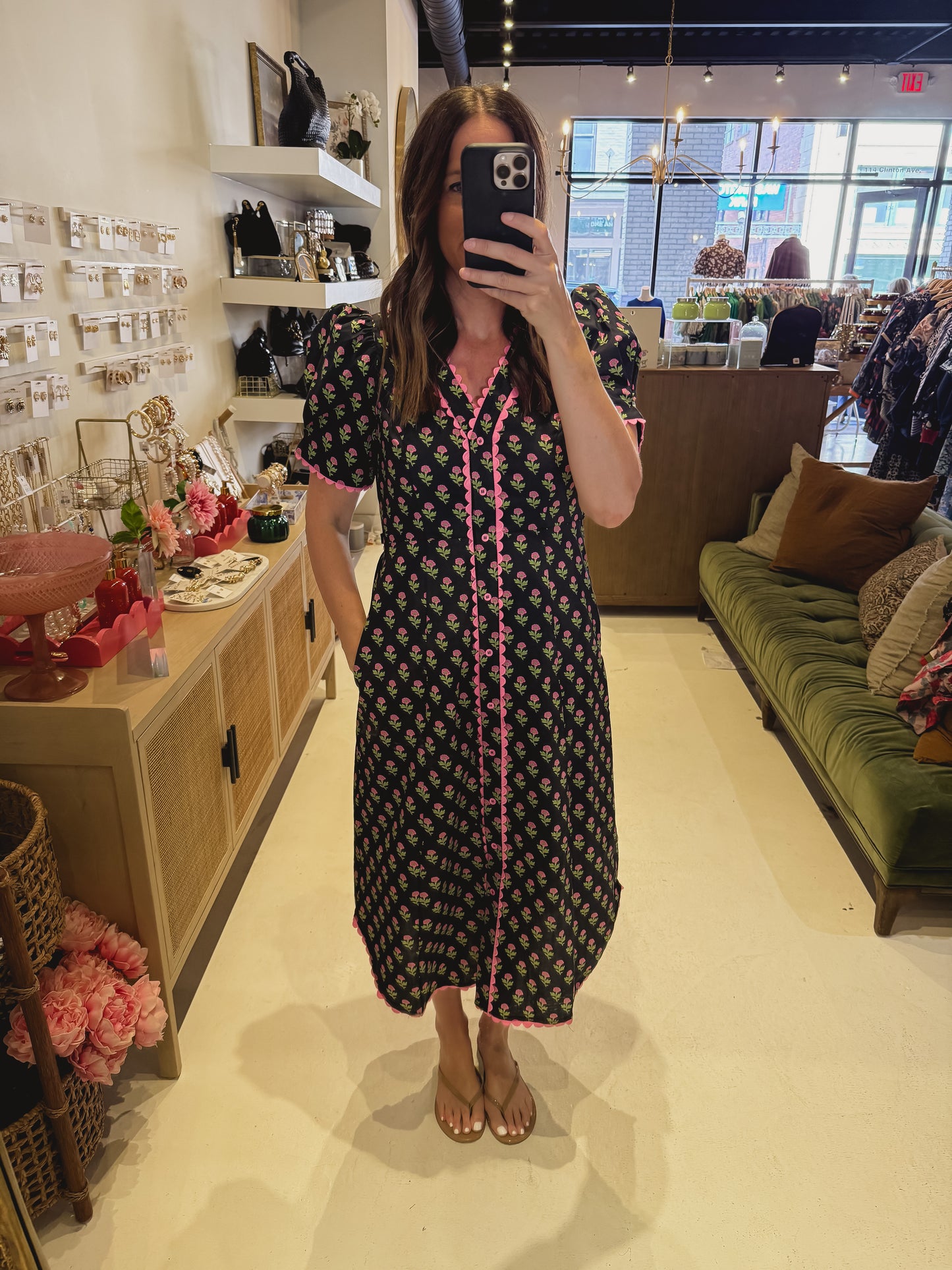 DOORBUSTER- The Meadow Muse Midi Dress in Black and Pink