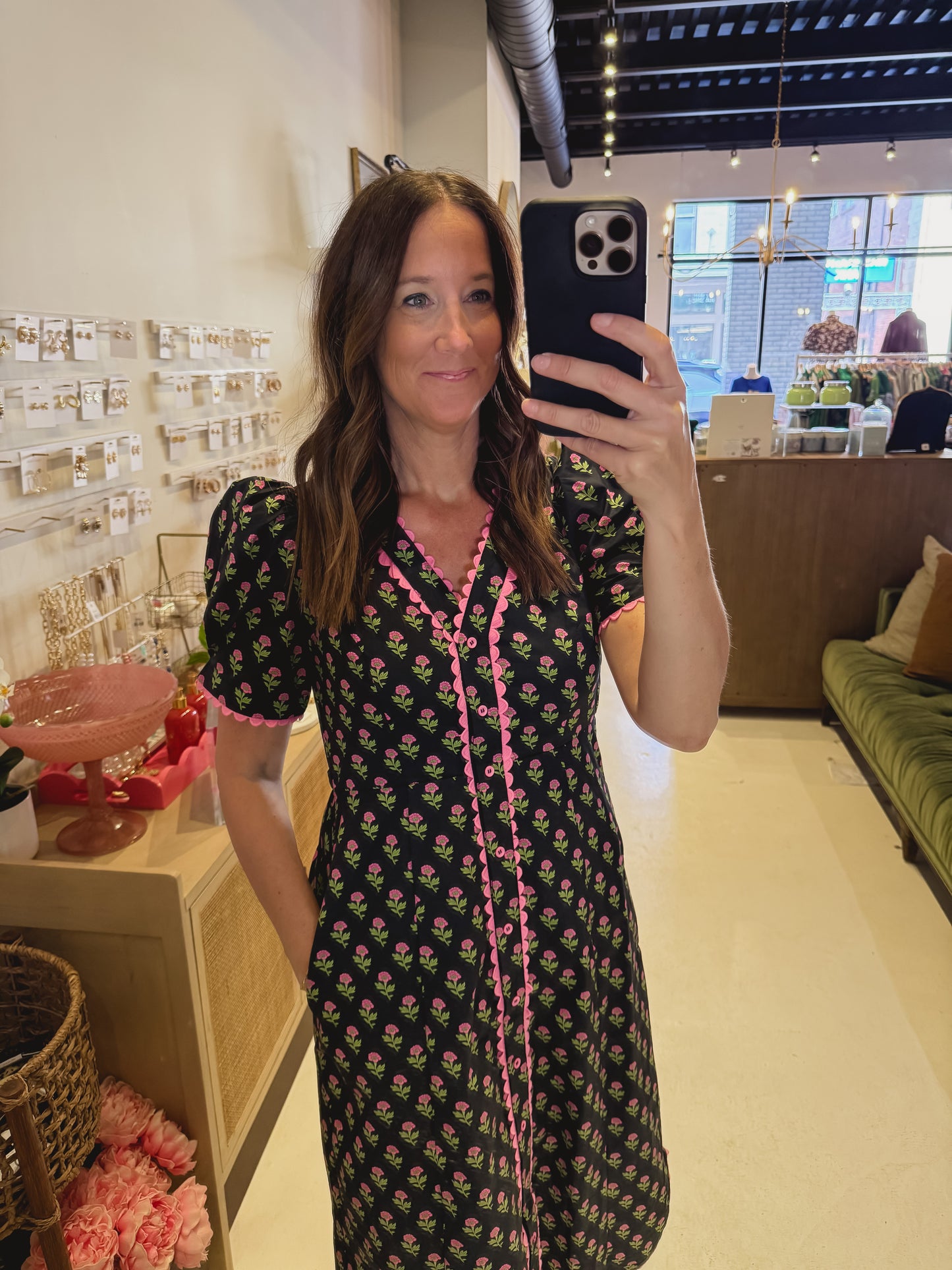 DOORBUSTER- The Meadow Muse Midi Dress in Black and Pink