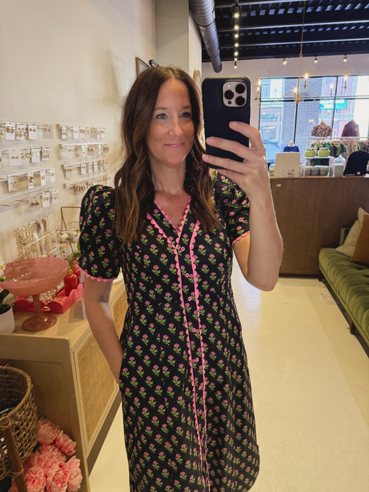 DOORBUSTER- The Meadow Muse Midi Dress in Black and Pink