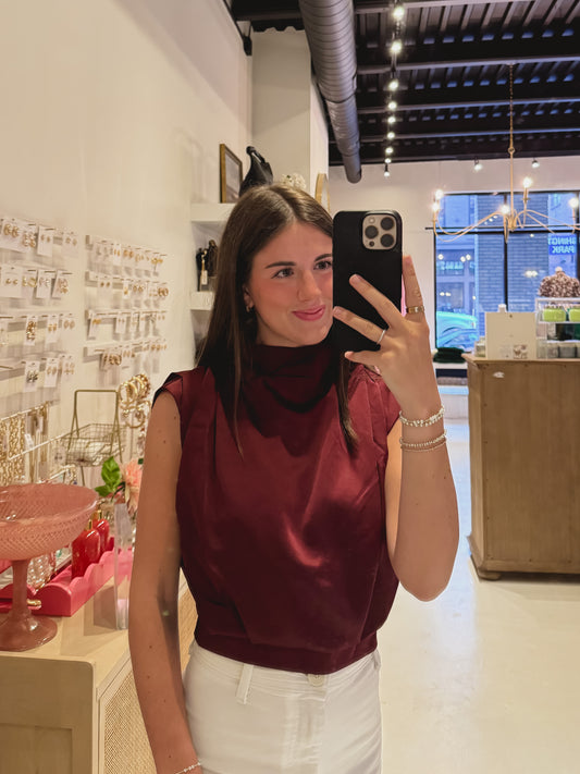 DOORBUSTER- The Satin Sky Top in Burgundy