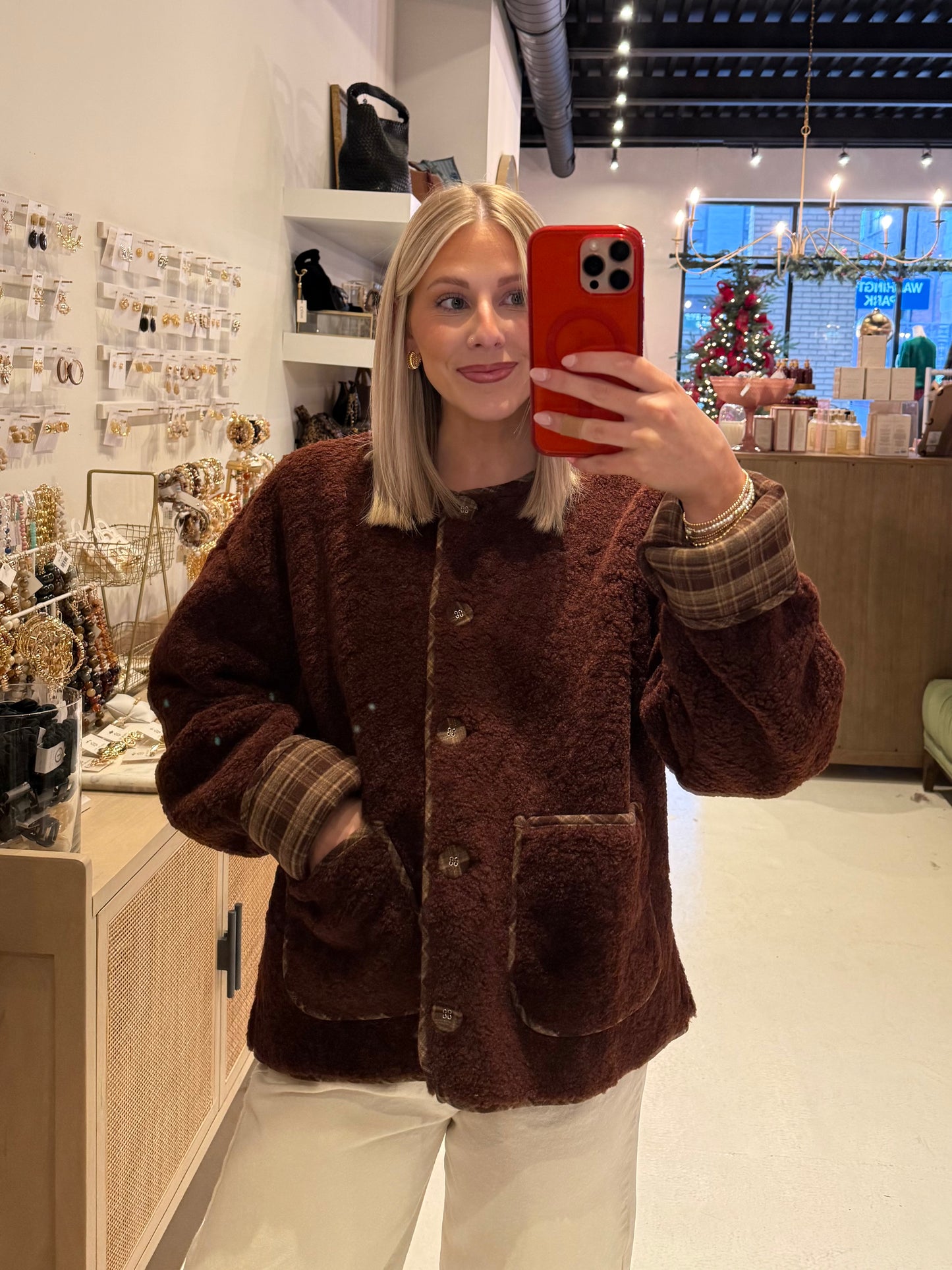 The Winter Wine Sherpa Jacket with Plaid Trim