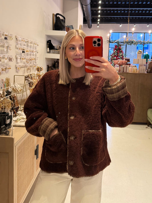 The Winter Wine Sherpa Jacket with Plaid Trim