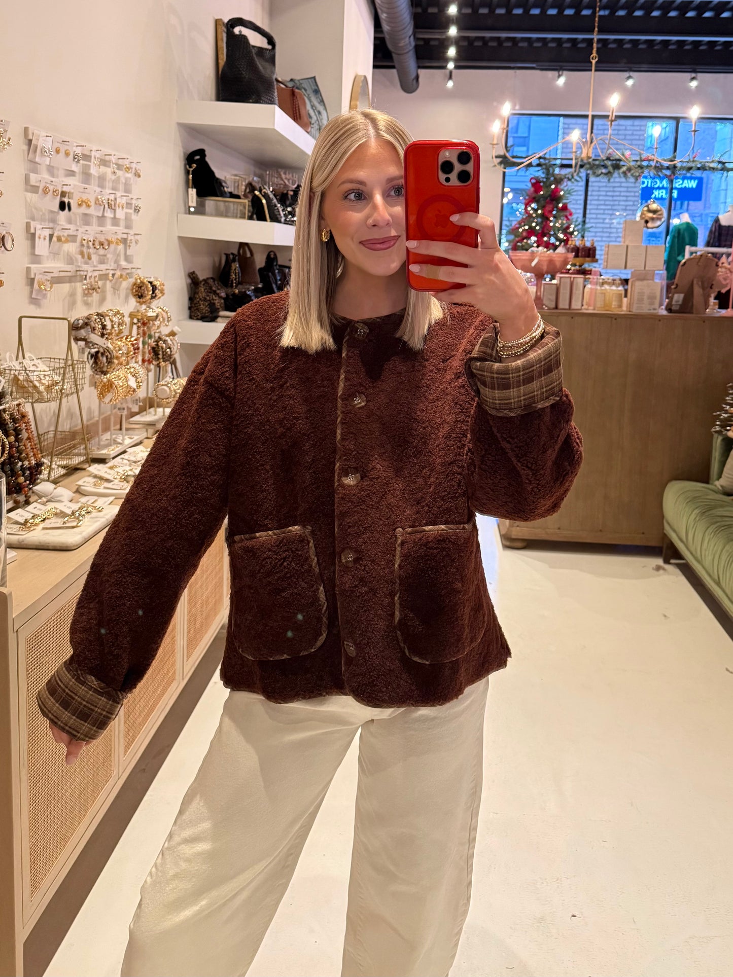 The Winter Wine Sherpa Jacket with Plaid Trim