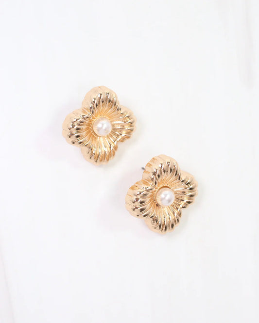 Zinnia Textured Clover Stud Earring Gold