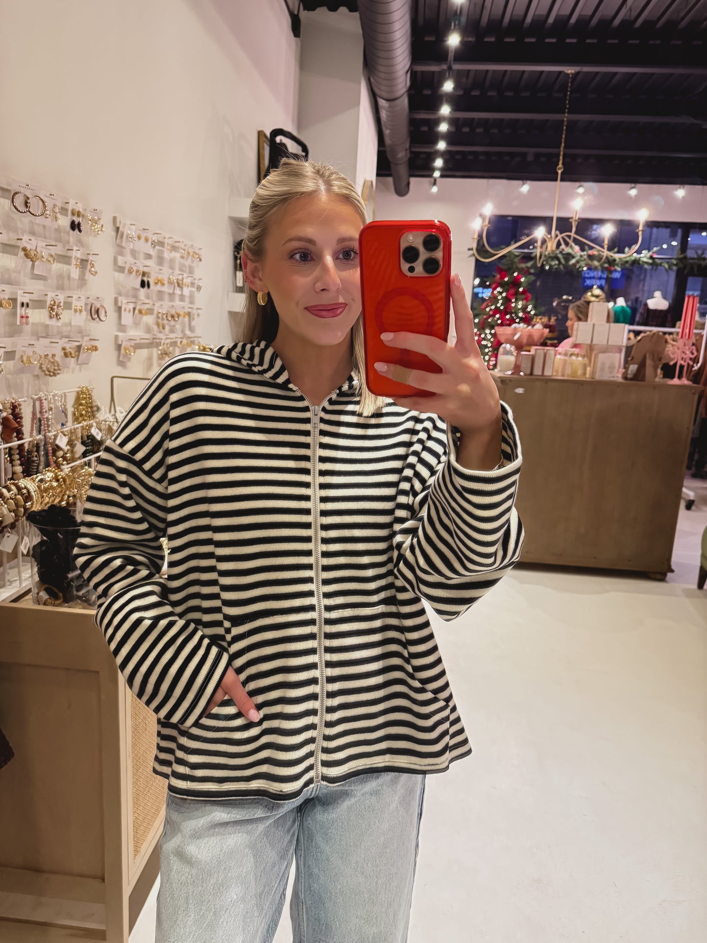 Black and White Stripe Zip Up Hoodie