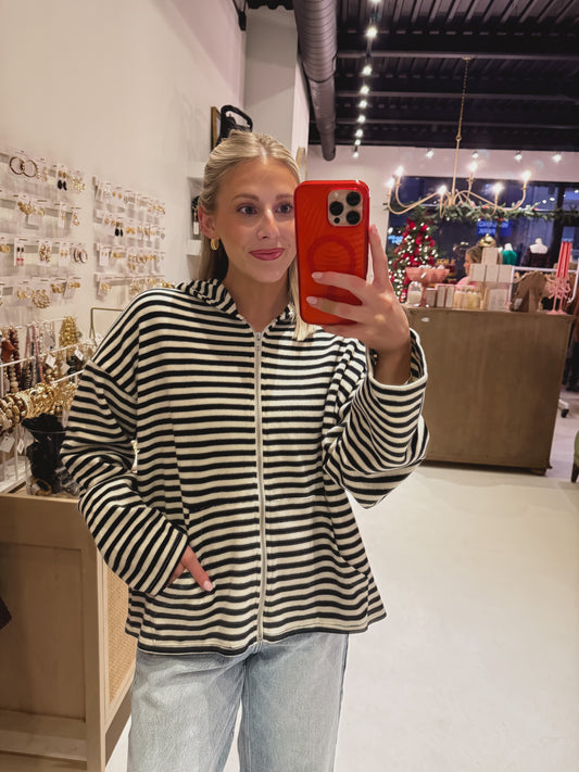Black and White Stripe Zip Up Hoodie