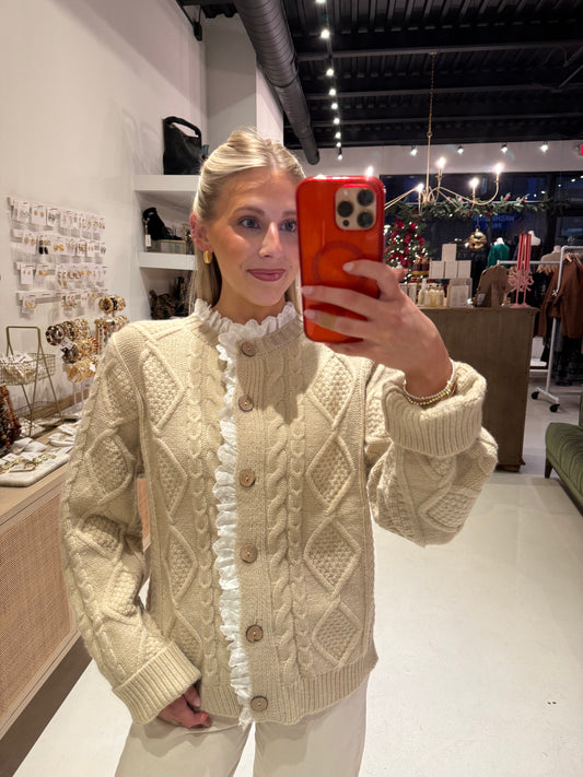 The Dainty Tan Eyelet Trim Cable Knit Cardigan