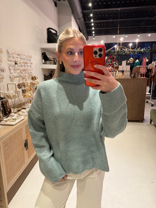 The Teal Mock Neck Ribbed Knit Sweater