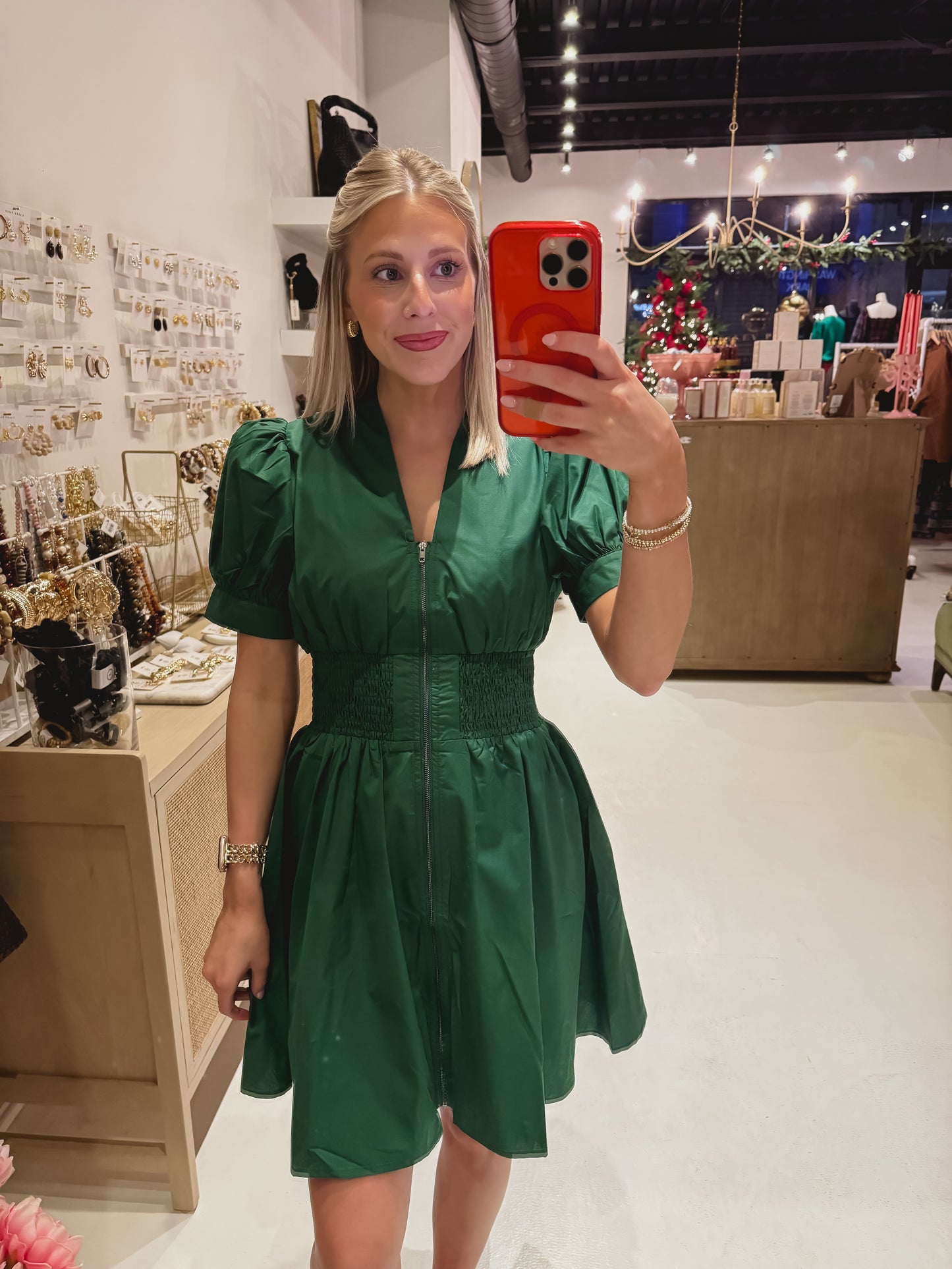 Emerald Front Zip Midi Dress