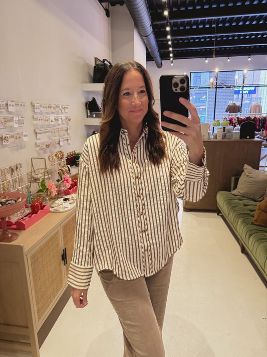 The Bailey Striped Button Up Top in Brown & White
