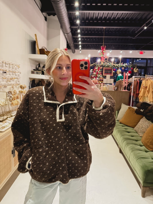 The Brown Fuzzy with Cream Tiny Hearts Pullover