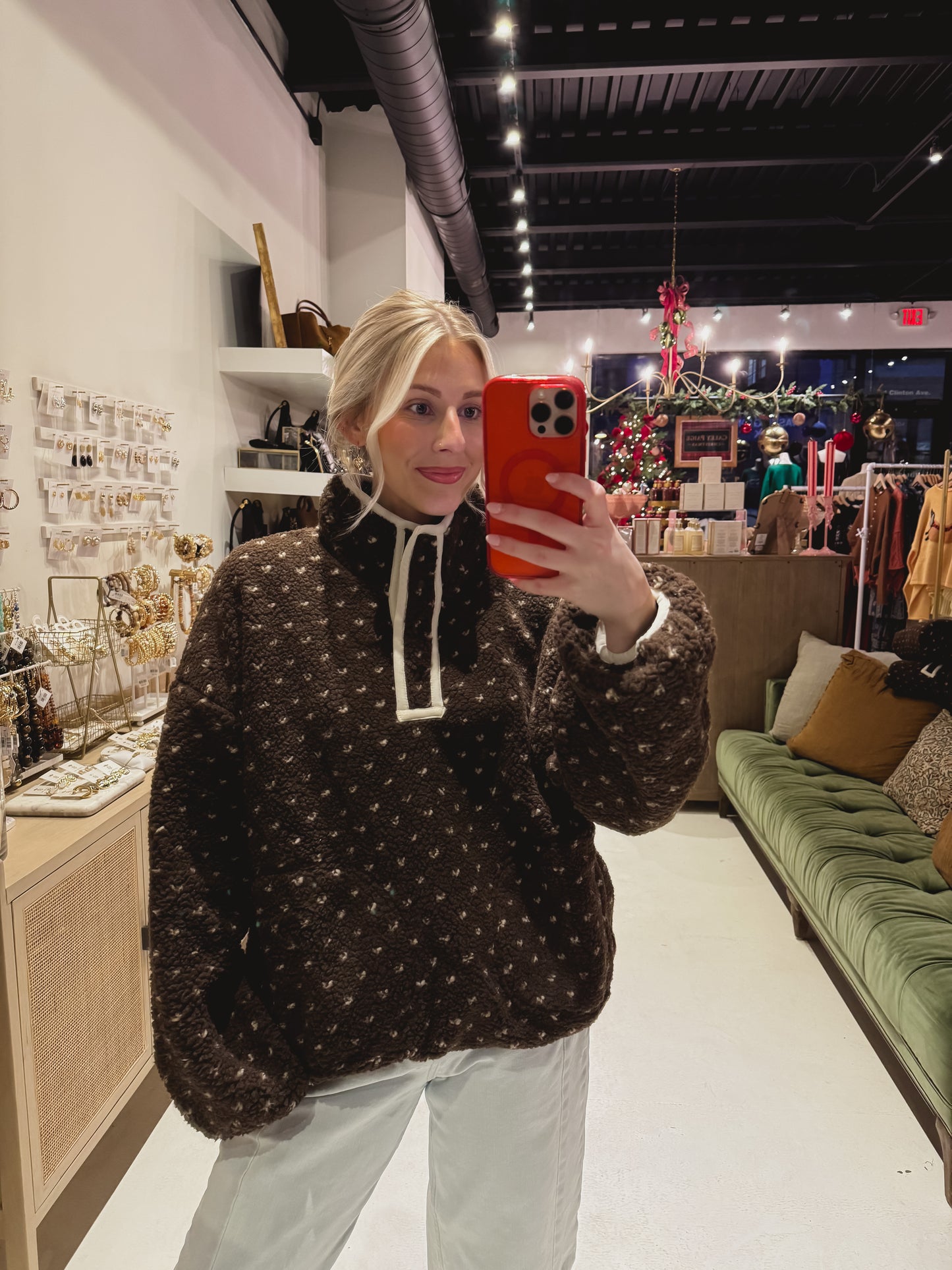 The Brown Fuzzy with Cream Tiny Hearts Pullover