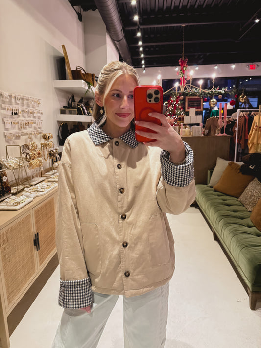Reversible Tan and Navy/White Gingham Jacket