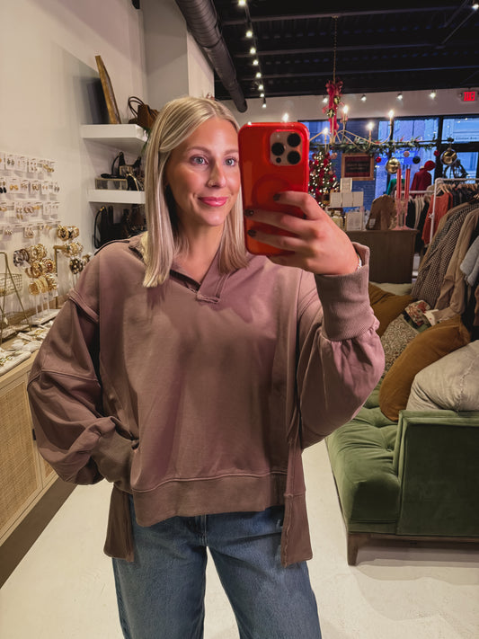 DOORBUSTER! Mineral Washed Collared Oversized Top in Brown