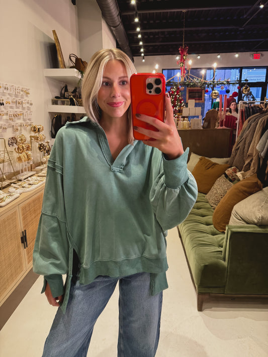 DOORBUSTER! Mineral Washed Collared Oversized Top in Green
