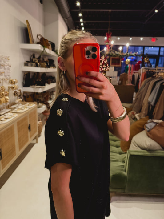 DOORBUSTER! Black Dress with Gold Buttons on Shoulder