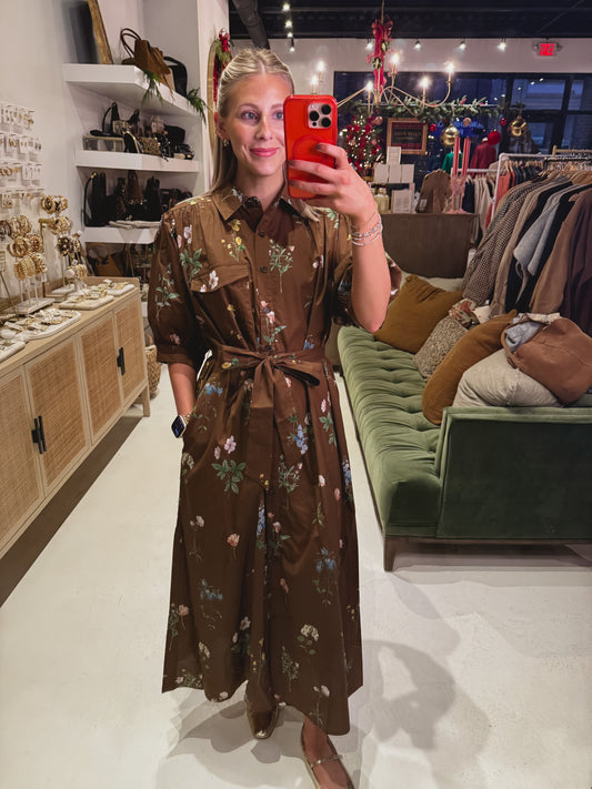 DOORBUSTER! The Belted Floral Button Up Dress in Brown