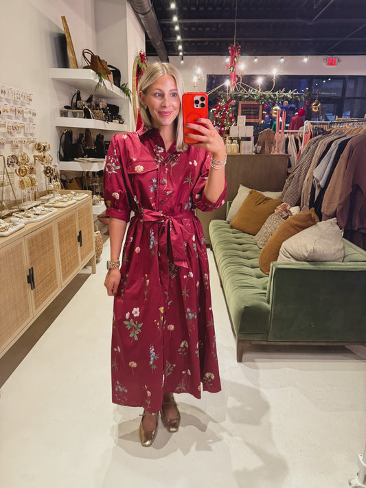 DOORBUSTER! The Belted Floral Button Up Dress in Burgundy