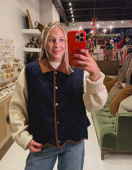 DOORBUSTER! Navy Vest with Brown Trim