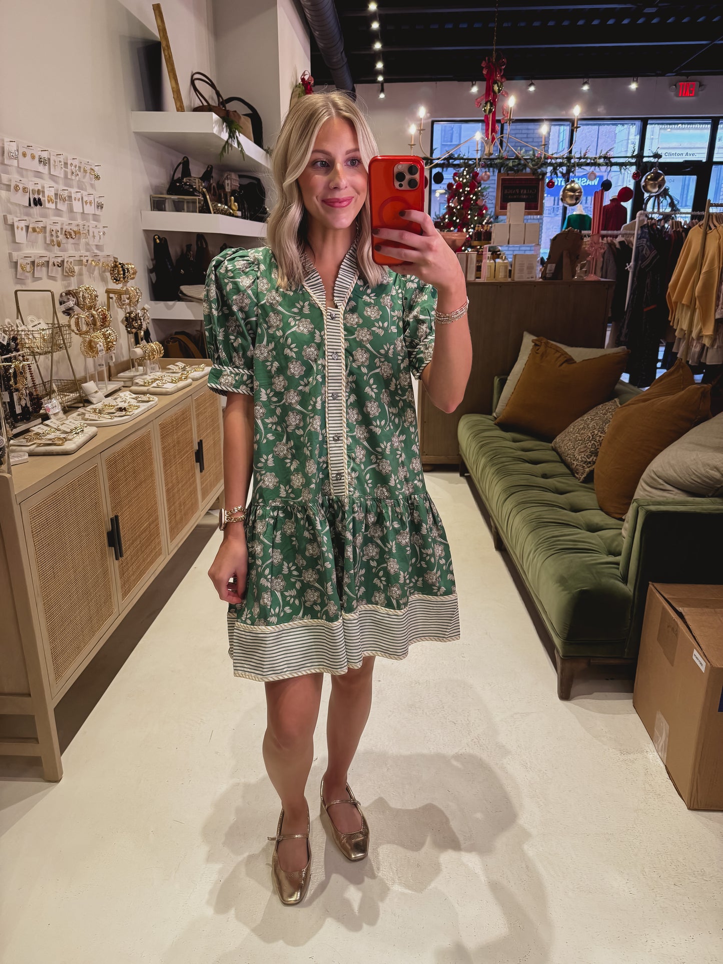 DOORBUSTER! Green and White Floral Short Dress