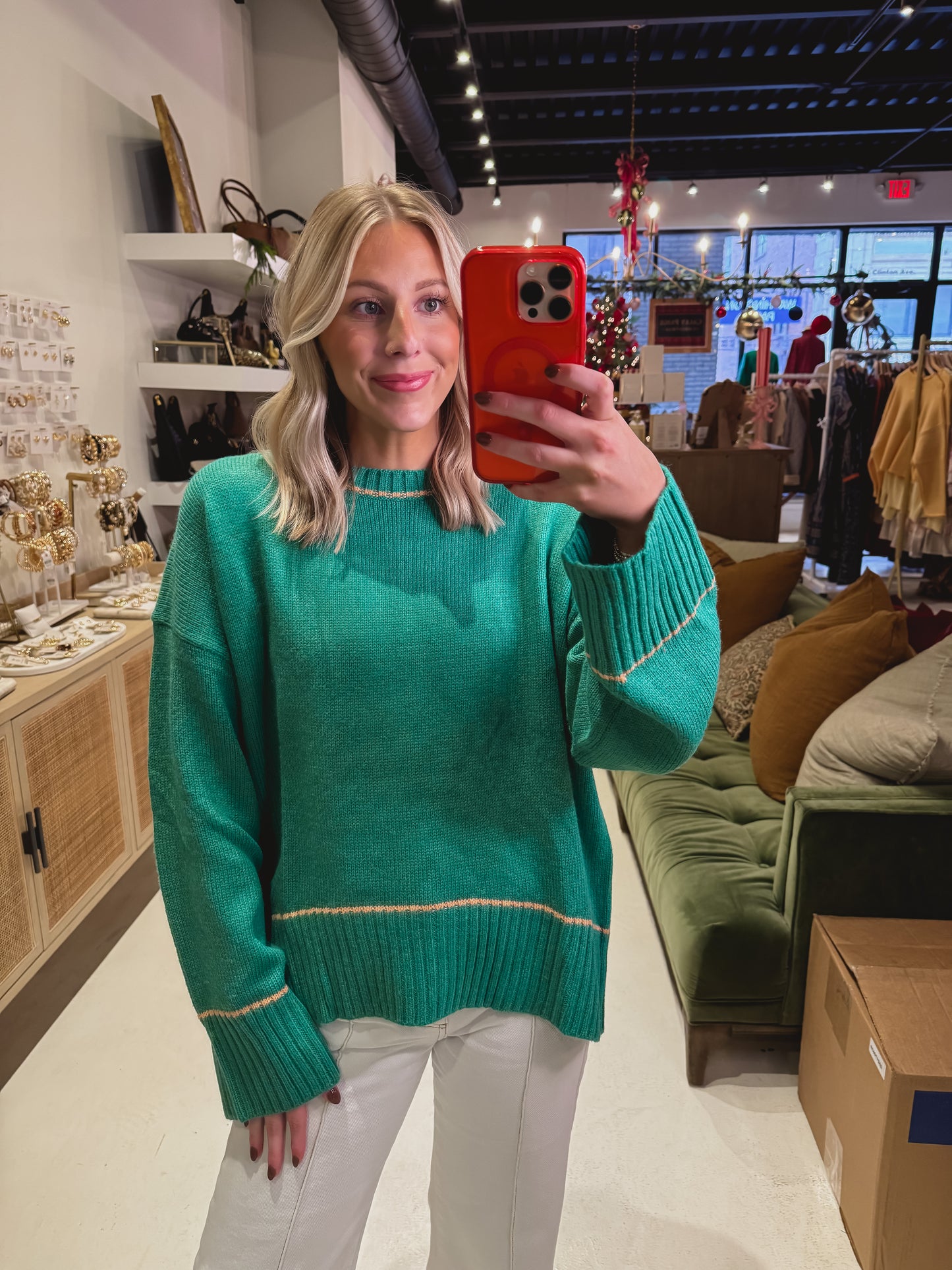 DOORBUSTER! The White Trimmed Green Oversized Sweater