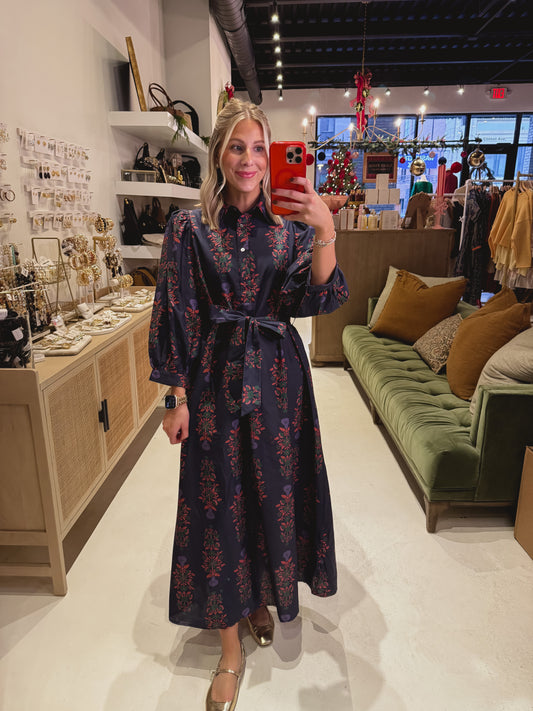 DOORBUSTER! Navy Floral Belted Shirt Dress