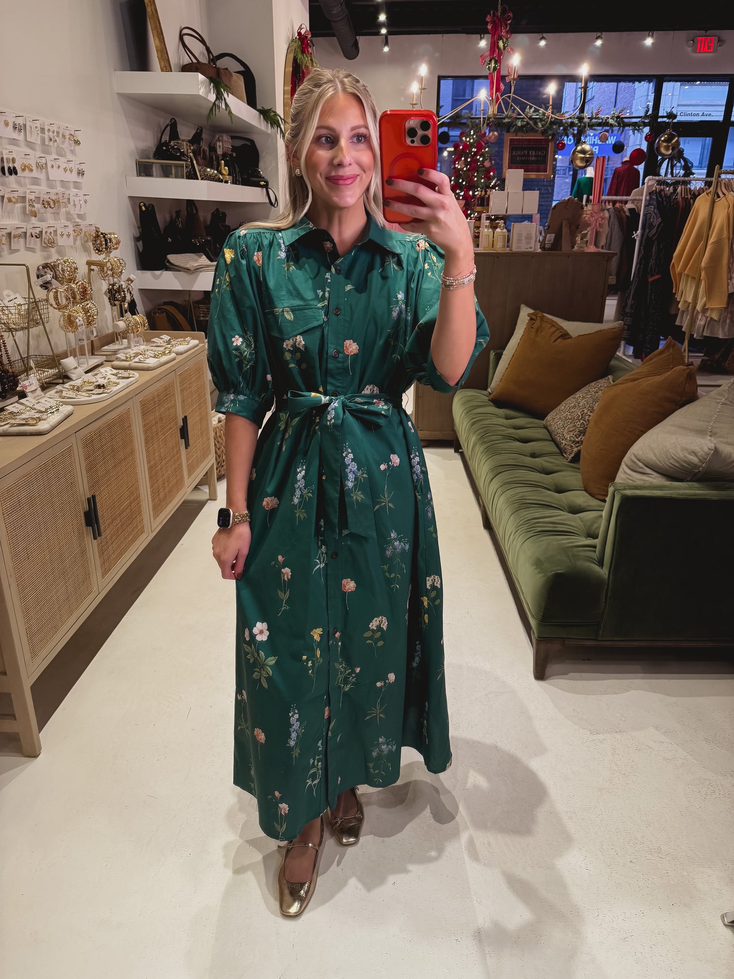 DOORBUSTER! Green Floral Belted Shirt Dress