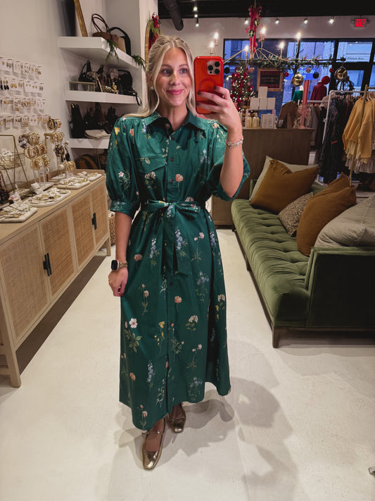 DOORBUSTER! Green Floral Belted Shirt Dress