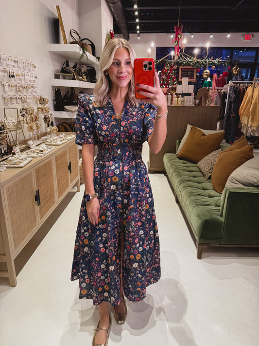 DOORBUSTER! Navy Floral Smocked Waist Dress