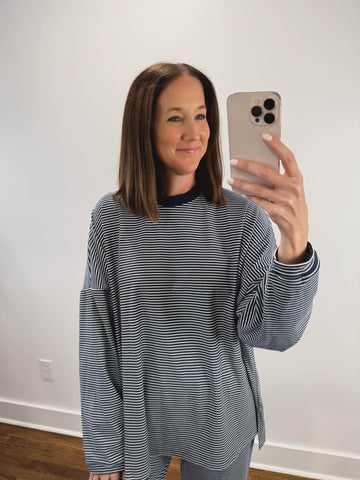 The Levi Striped Oversized Long Sleeve Top in Navy