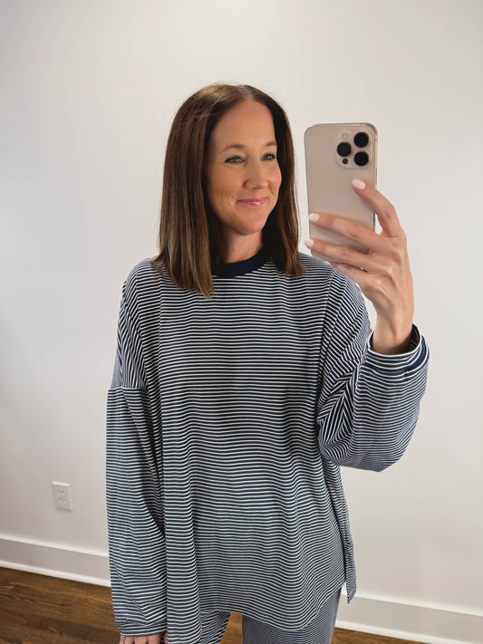 The Levi Striped Oversized Long Sleeve Top in Navy