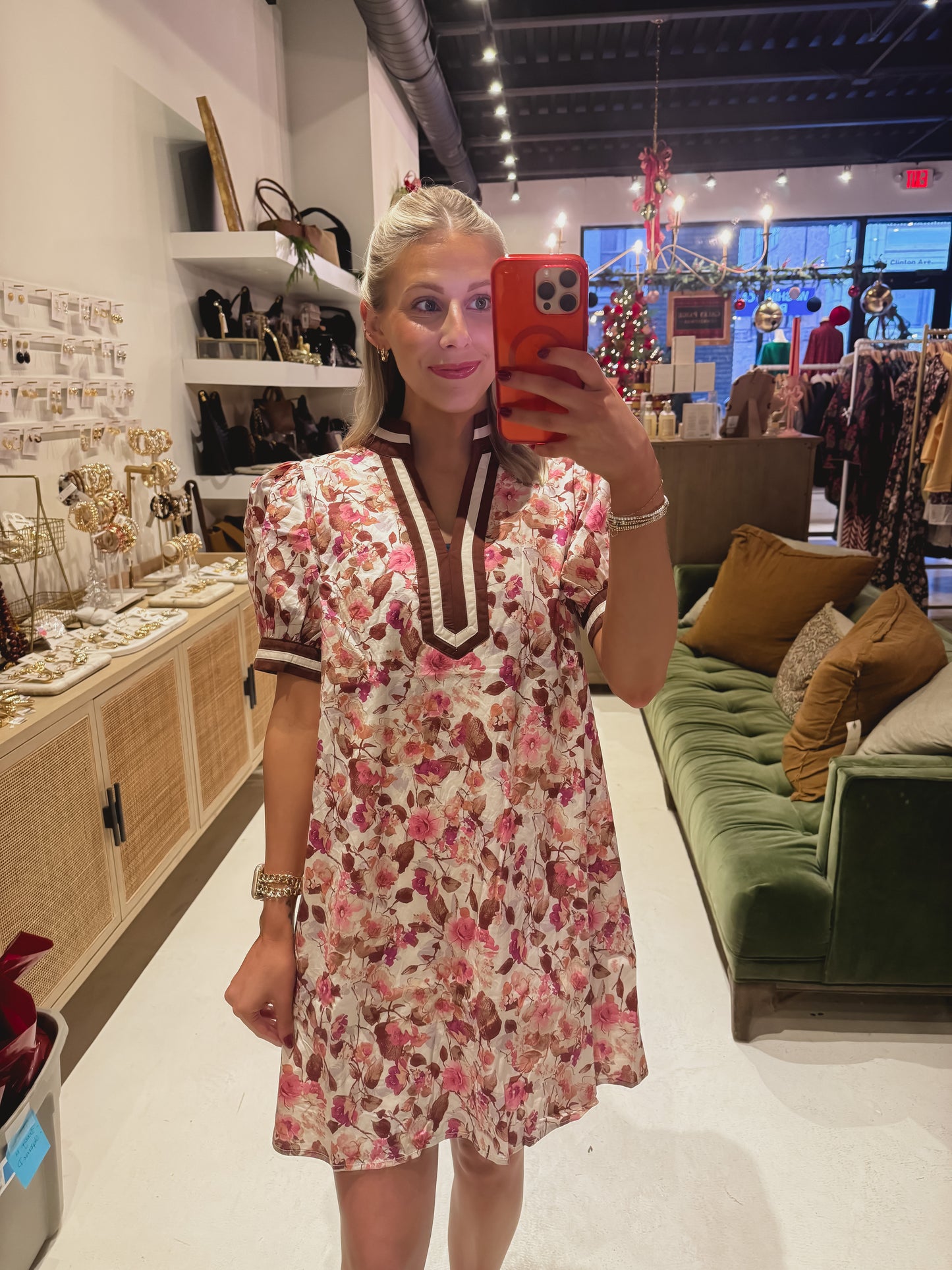 DOORBUSTER! Brown and Pink Floral Short Sleeve Dress