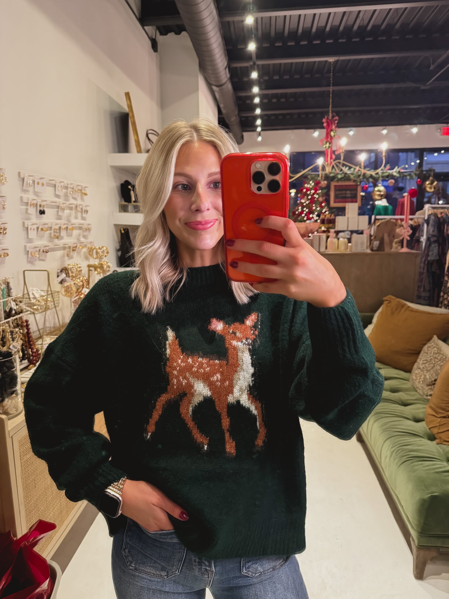 The Forest Green Deer Sweater