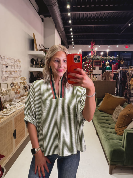 DOORBUSTER! Green and White Stripe Short Sleeve