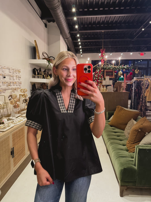 Black Collared Top With Pattern