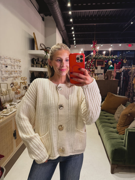 The Holiday Cream Gold Button Cardigan