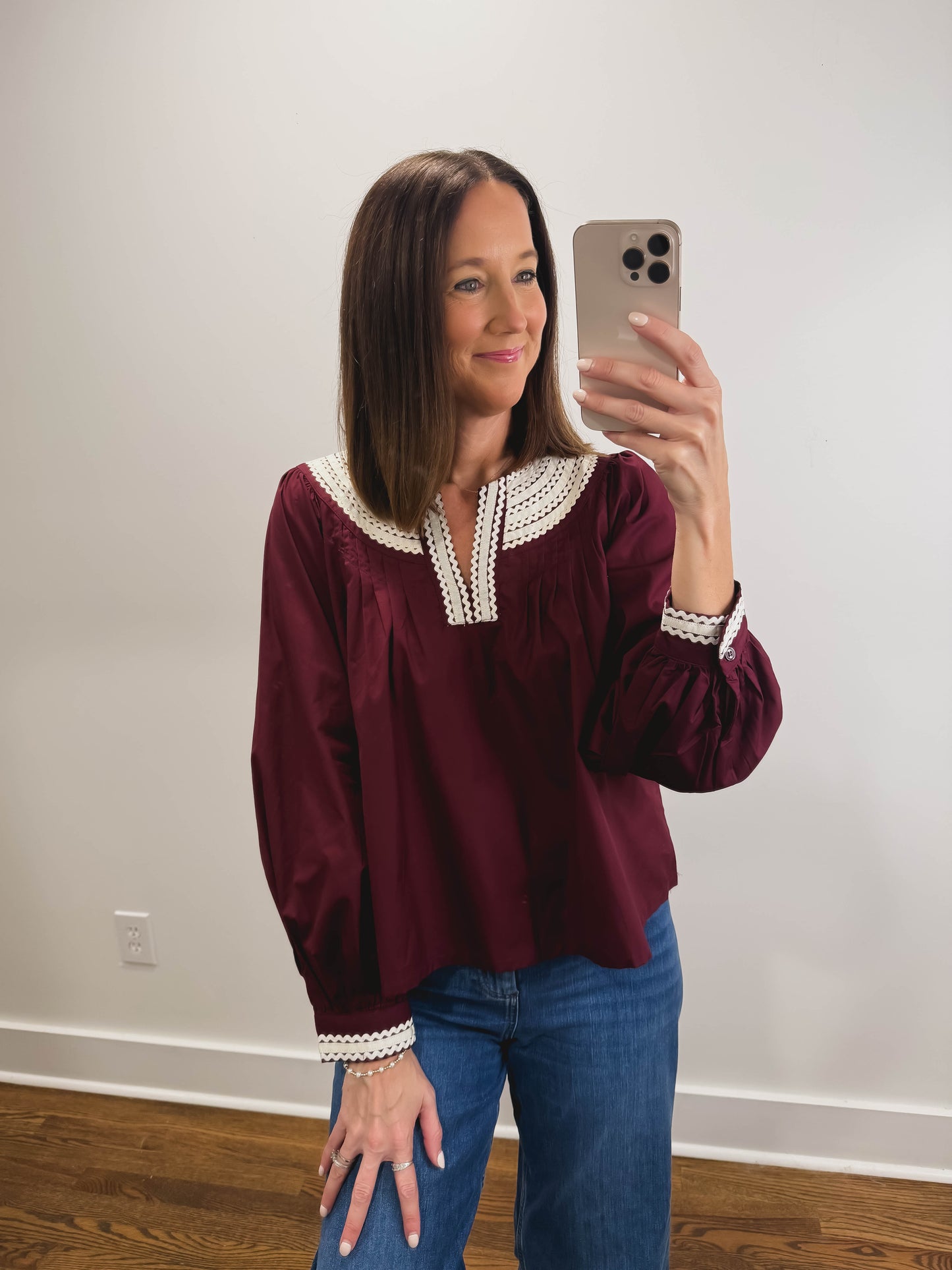 The Rosalie Ric Rac Blouse in Burgundy