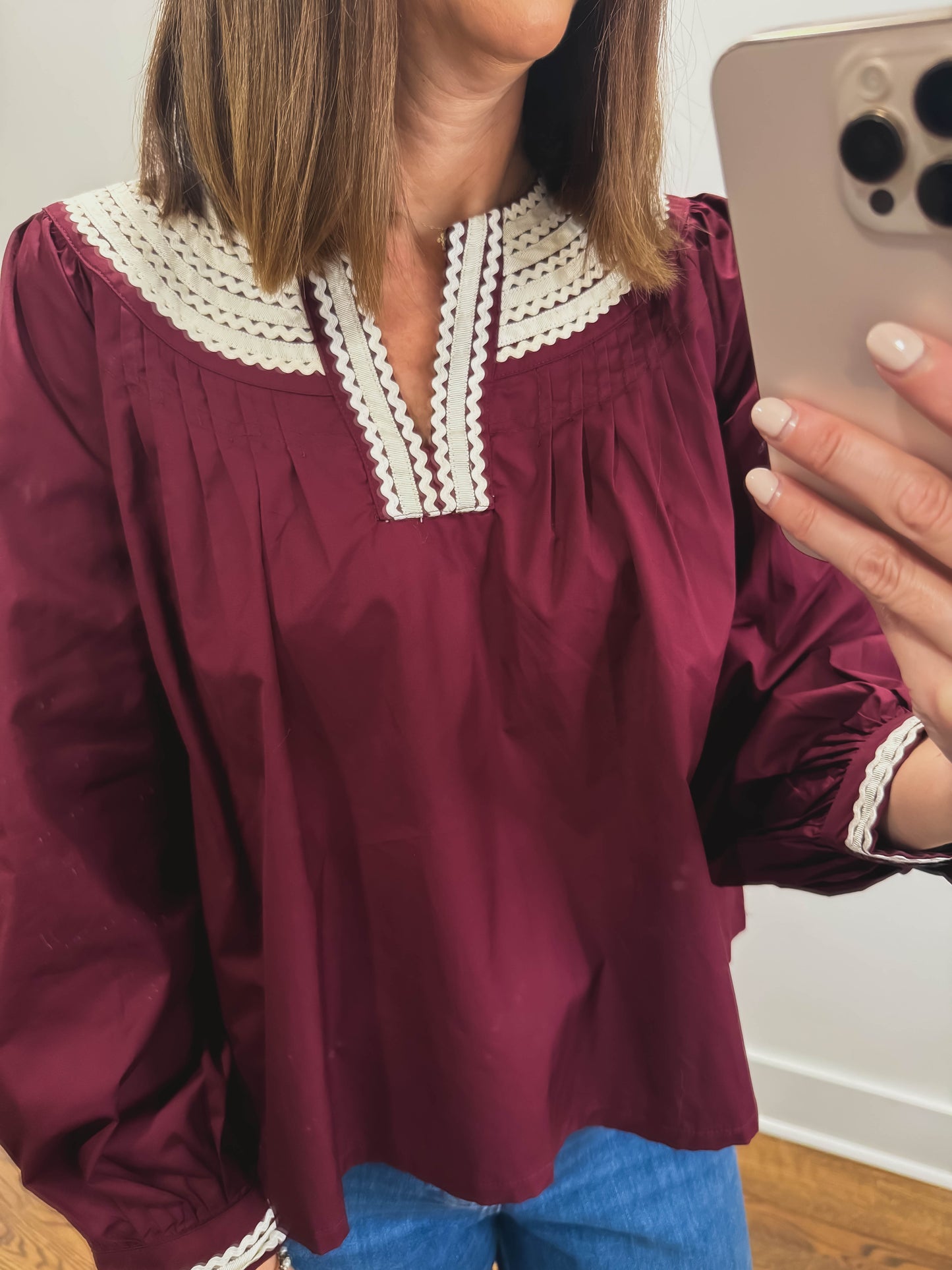 The Rosalie Ric Rac Blouse in Burgundy