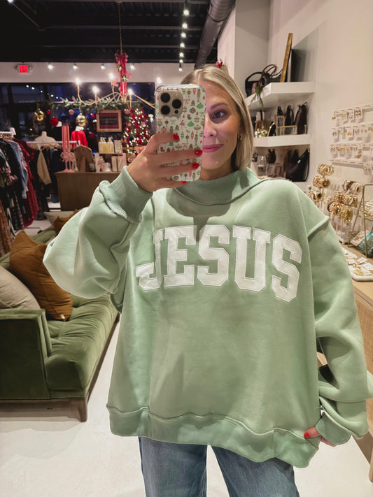 Sage JESUS Mock Neck Oversized Sweater