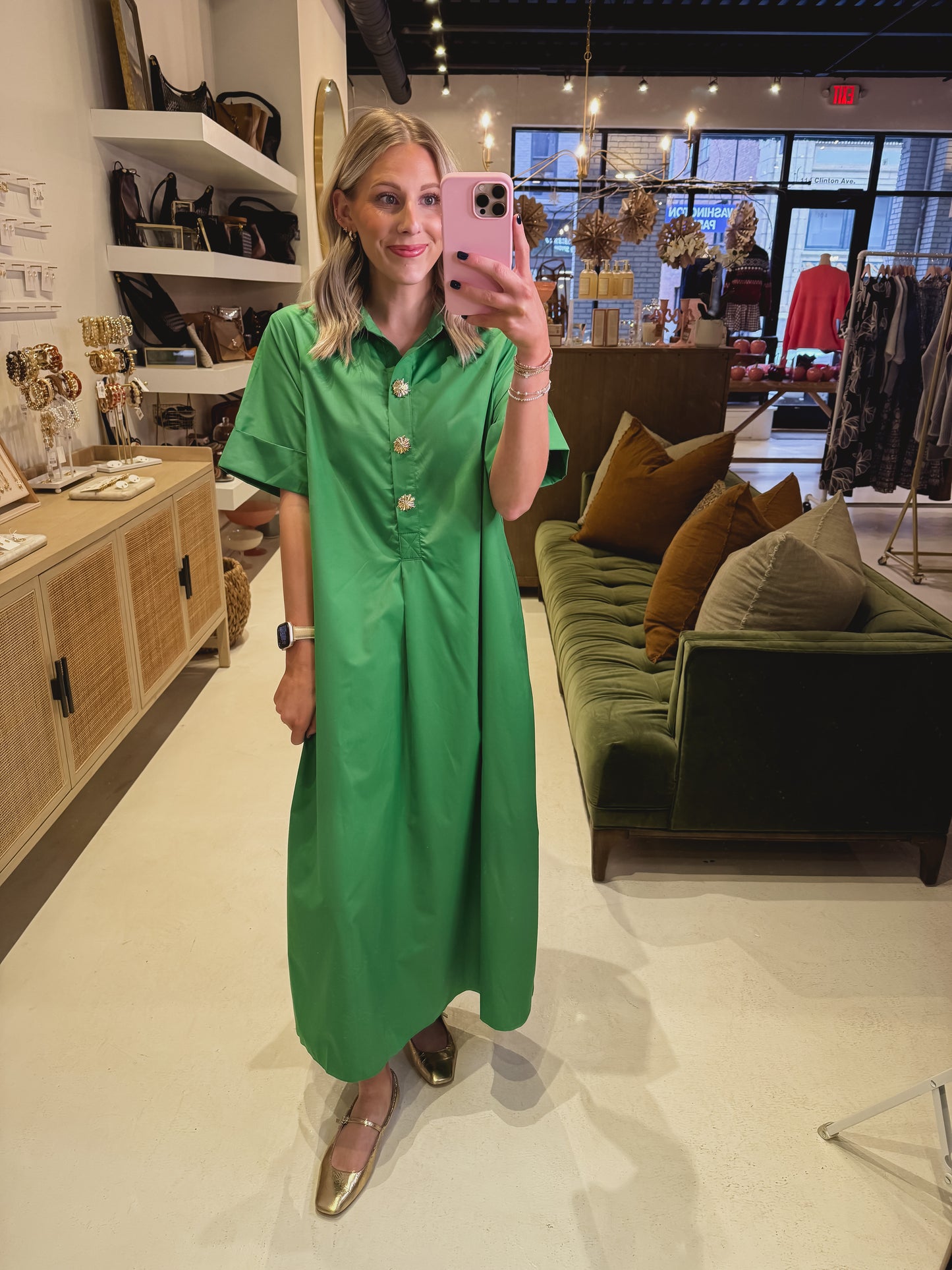 **RESTOCKED** The Gold Button Dress in Green