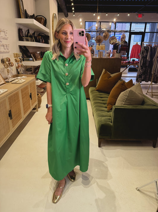 **RESTOCKED** The Gold Button Dress in Green