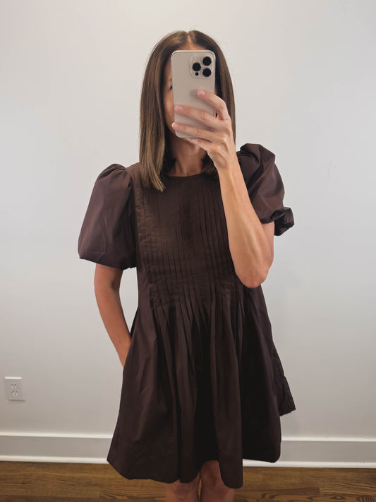 The Truffle Dress | Brown Pintuck Puff Sleeve Mini Dress