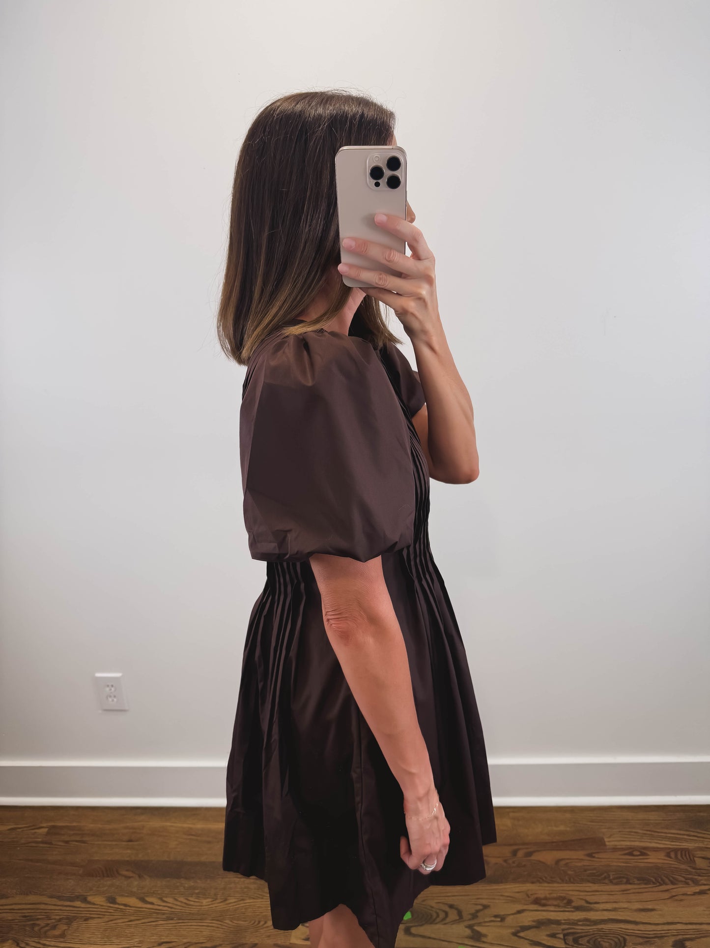The Truffle Dress | Brown Pintuck Puff Sleeve Mini Dress