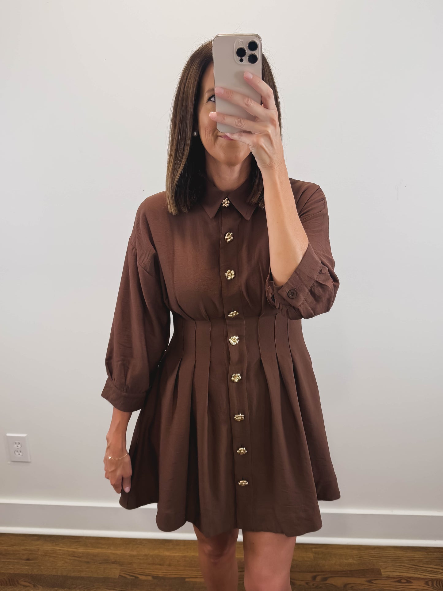 The Pecan Dress | Brown Gold Button Mini Shirt Dress
